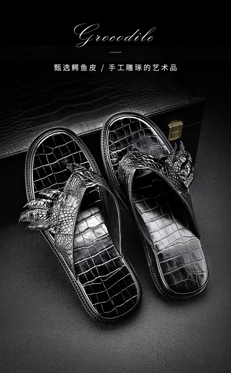 real genuine crocodile skin men summer shoe slipper black color high end quality crocodile belly skin men summer shoe