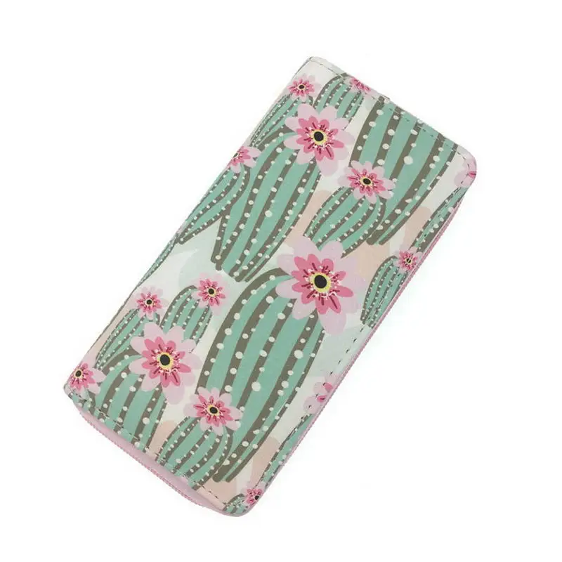 KANDRA Cactus Printing Women Long Wallet PU Leather Summer New Phone Pouch Ladies Plant Card Holder Bag Girls Zipper Coin Purse