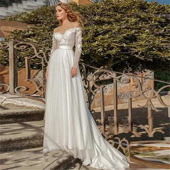 

A Line Long Sleeve Wedding Dress 2020 Lace Applique Off Shoulder Bridal Gown Sweep Train Backless Robe De Mariage Custom Made
