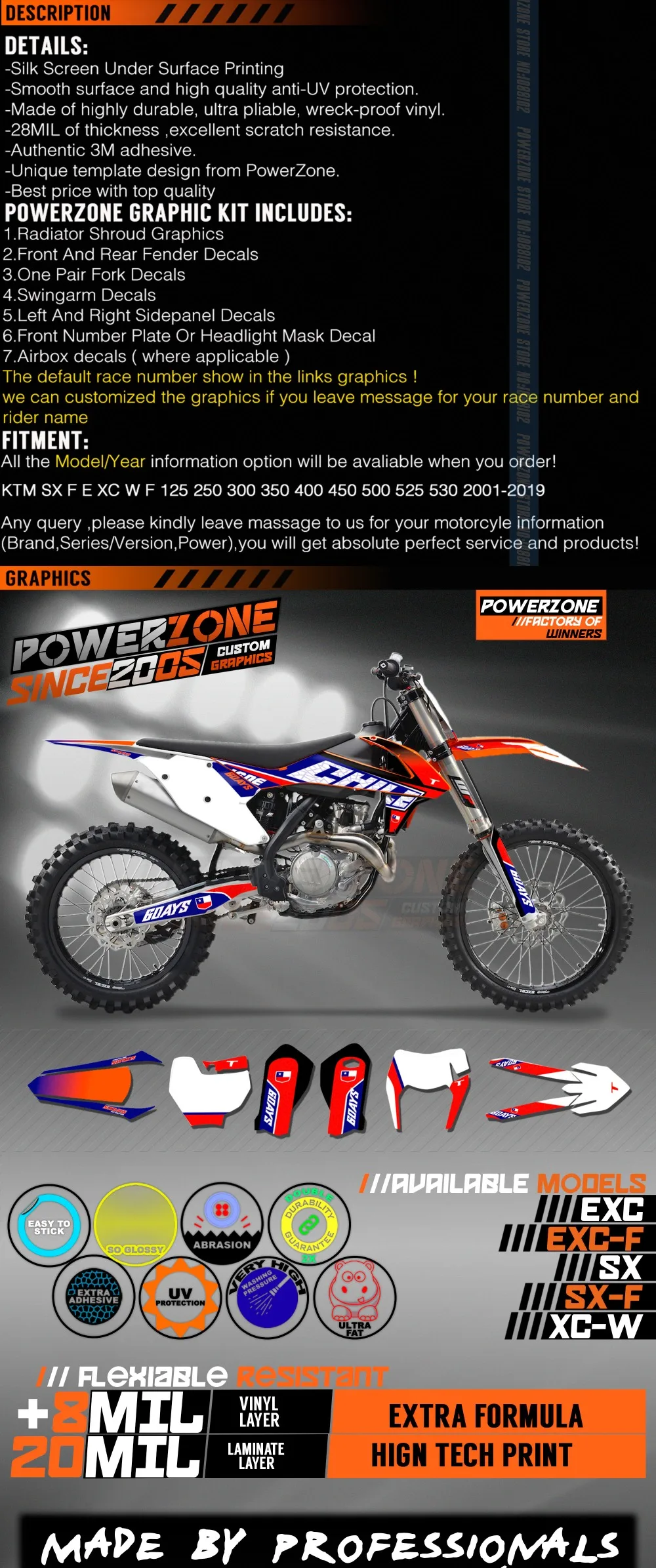 PowerZone на заказ футбольной команды Графика Фоны наклейки 3m Набор наклеек для KTM SX SXF MX EXC xcw Enduro 125cc к 500cc- 085
