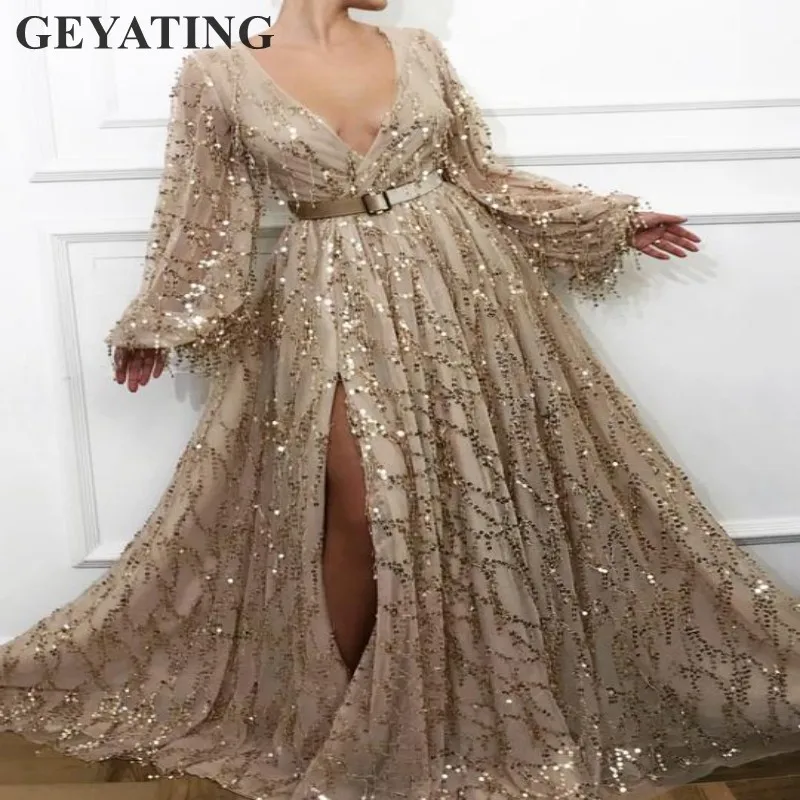 

Glitter Sequins Champagne Gold Prom Dresses Long Sleeves Sexy Deep V-Neck Side Slit African Black Girls Evening Party Dress 2K19
