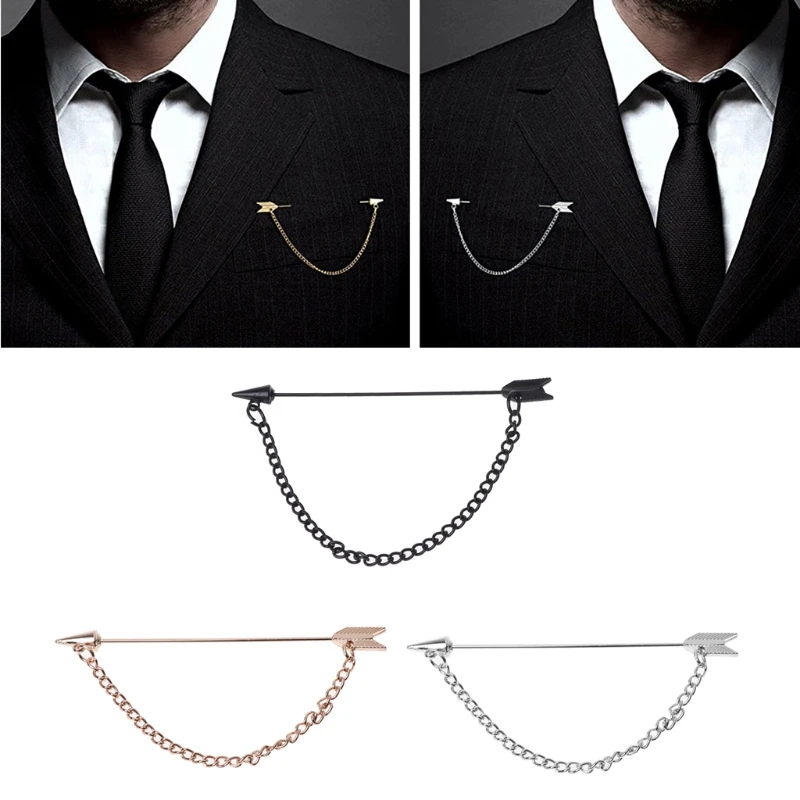 Men Arrow with Long Chain Tuxedo Lapel Pin Brooch Boutonniere for Suits