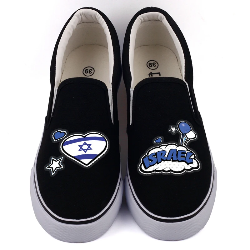 

E-LOV Israel Country Flag Printed Canvas Shoes Low Top White Black Casual Loafers Slip On Women Flats Chaussures Femme