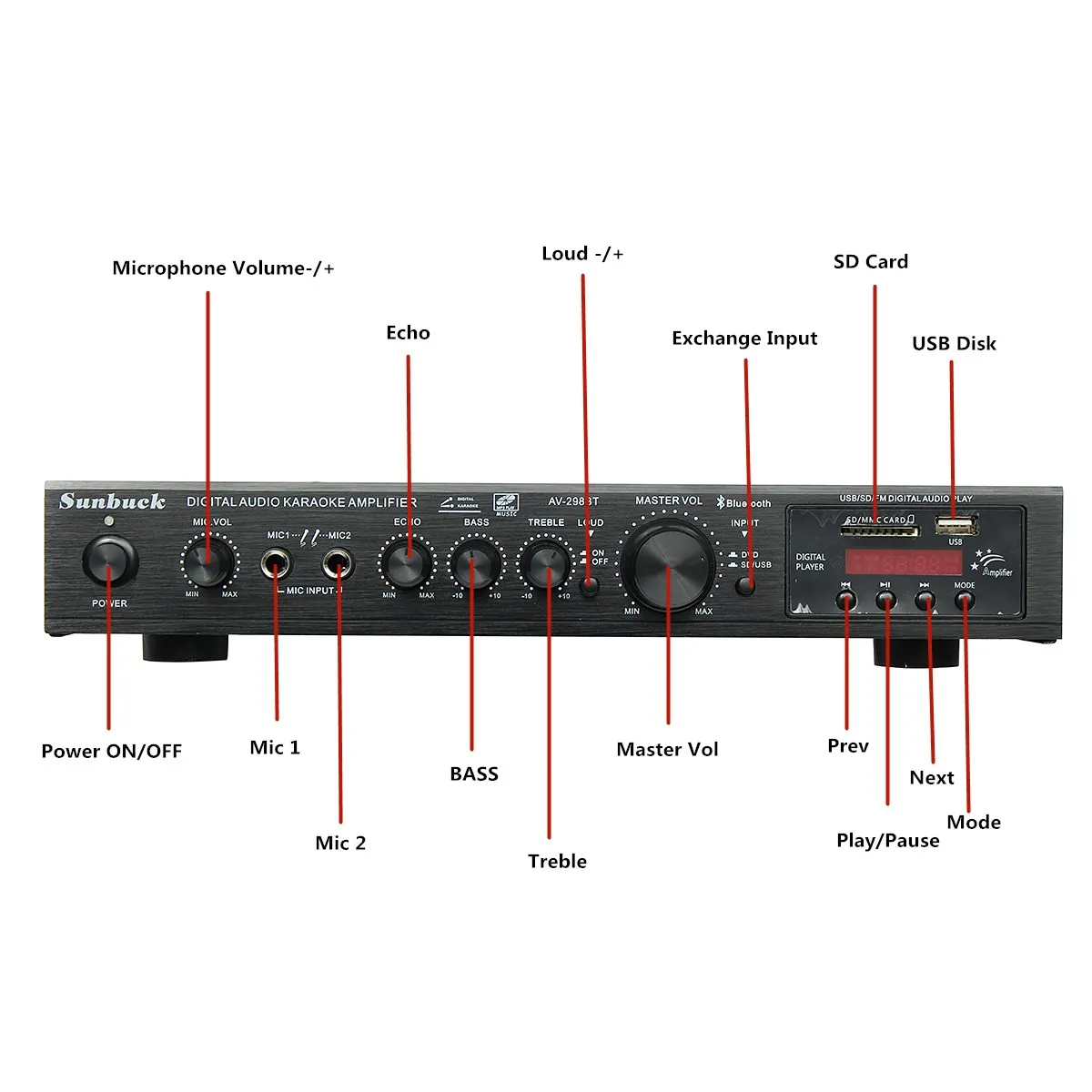 Amplificador de Potência Alto-falante com Controle Bluetooth Canal w 5 Canais Áudio 220 v av Amp Remoto Suporte fm Usb Cartões sd 298b 2.0 2000 - Image 6