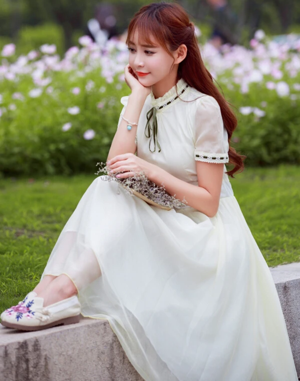 

Free Shipping Summer Hot Sale Elegant Stand Collar Short Sleeve Flower Embroidery Chiffon Long Dress
