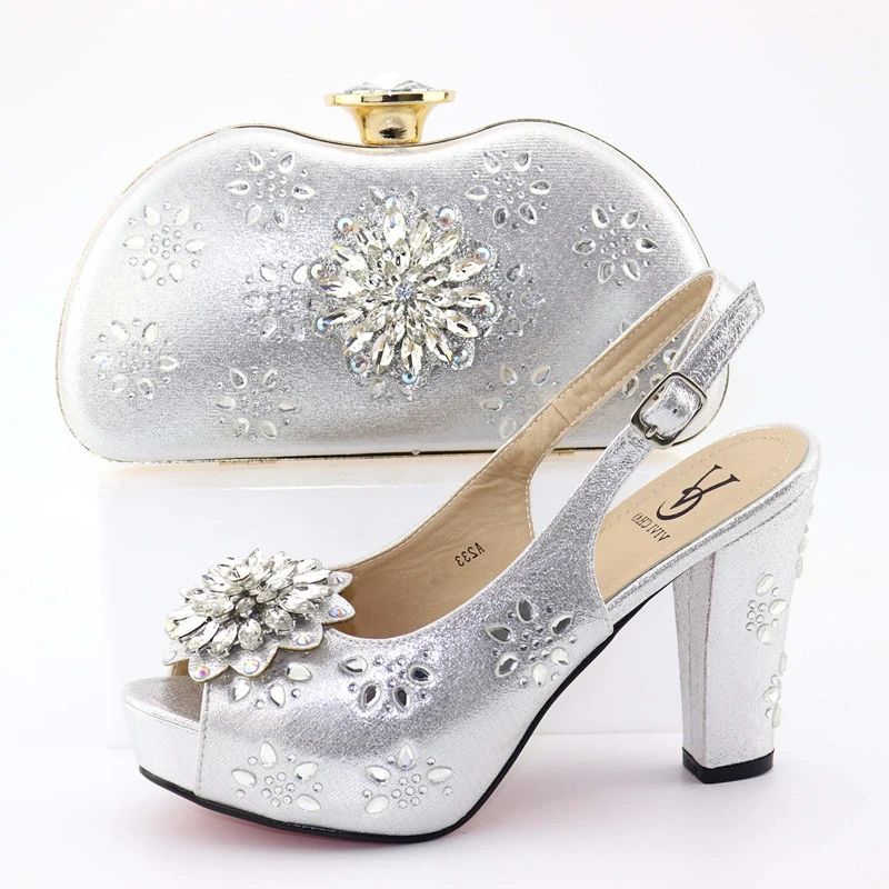 

Silver high heel shoes sandal lady with matching clutches bag for african aso ebi wedding party shoes and bag set SB8325-1