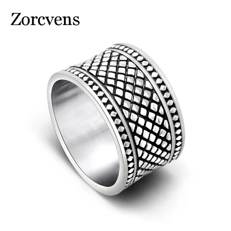 

ZORCVENS Silver-Color Grid Pattern Wide Version Ring Tide Men and Women Finger Ring Titanium Steel Ring