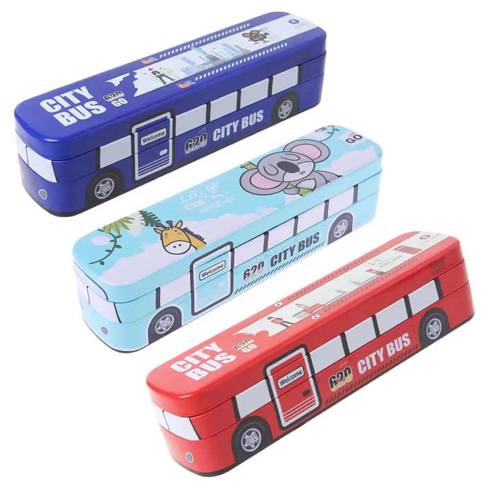 

2019 Creative Student Large Capacity Three Layers Cartoon Pencil Case Lovely Bus Modeling Iron Box Multifunction School supplies