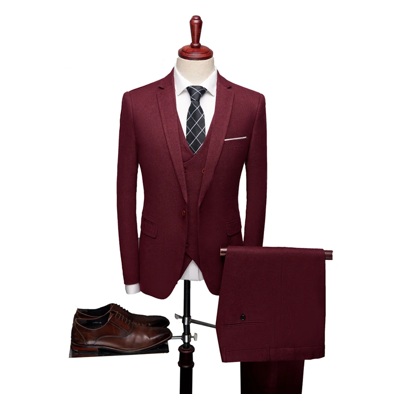 2019 New Burgundy Mens 3 Piece Suit Formal Pakken Heren Fashions One Boutons Elegant Dress Men Wedding Suits Slim Groom Tuxedos
