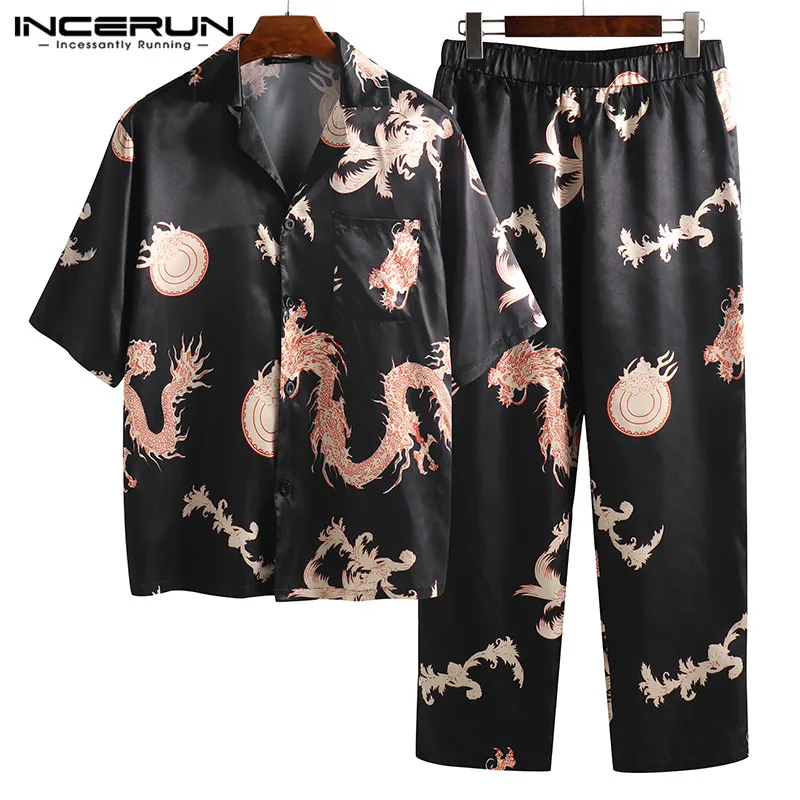 

INCERUN Summer Men Pajamas Set Print Silk Satin Comfy Short Sleeve Tops Pants Loose Fashion Men Nightgown Sleepwear Sets 2019