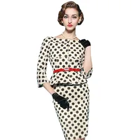 Fashion Womens Autumn Style Half Sleeve Vintage Dot Wear to Work Business OL Party Sheath Stretchy Pencil Dress With Sashes