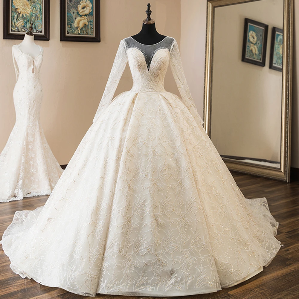 

Gelinlik New Arrival Luxury Ball Gown Wedding Dresses Long Sleeve Sparkly Tulle Robe de Mariee Princess Vestido de Novia