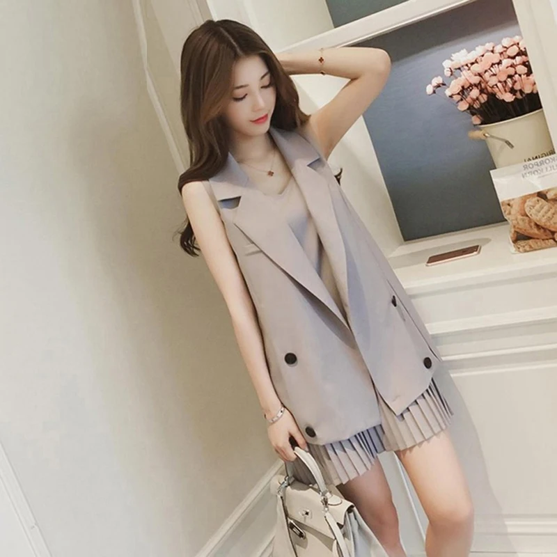 

2 Piece Set Women Long Vest Jacket + Pleated Dress Fashion Heigh Quality Women's Suit Female Casual Two Piece Suit Conjunto