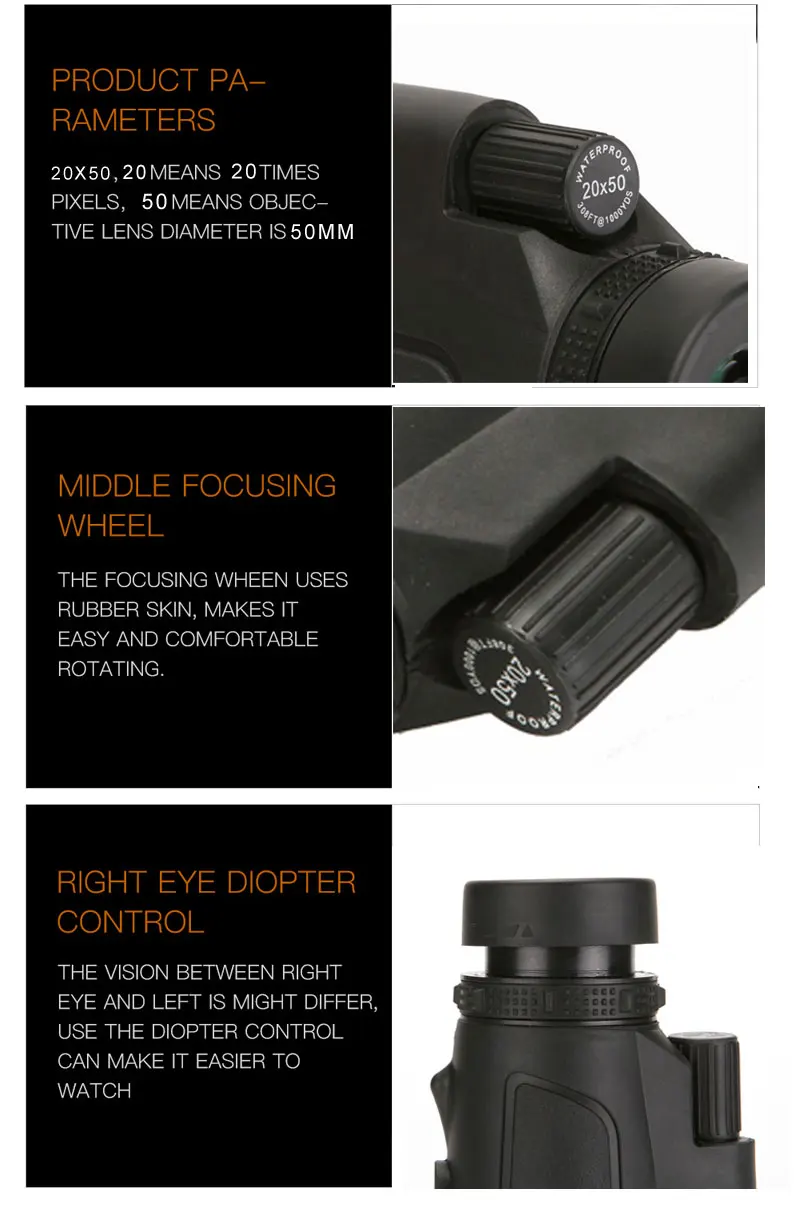 Monocular 20x50 binóculos poderosos zoom de alta