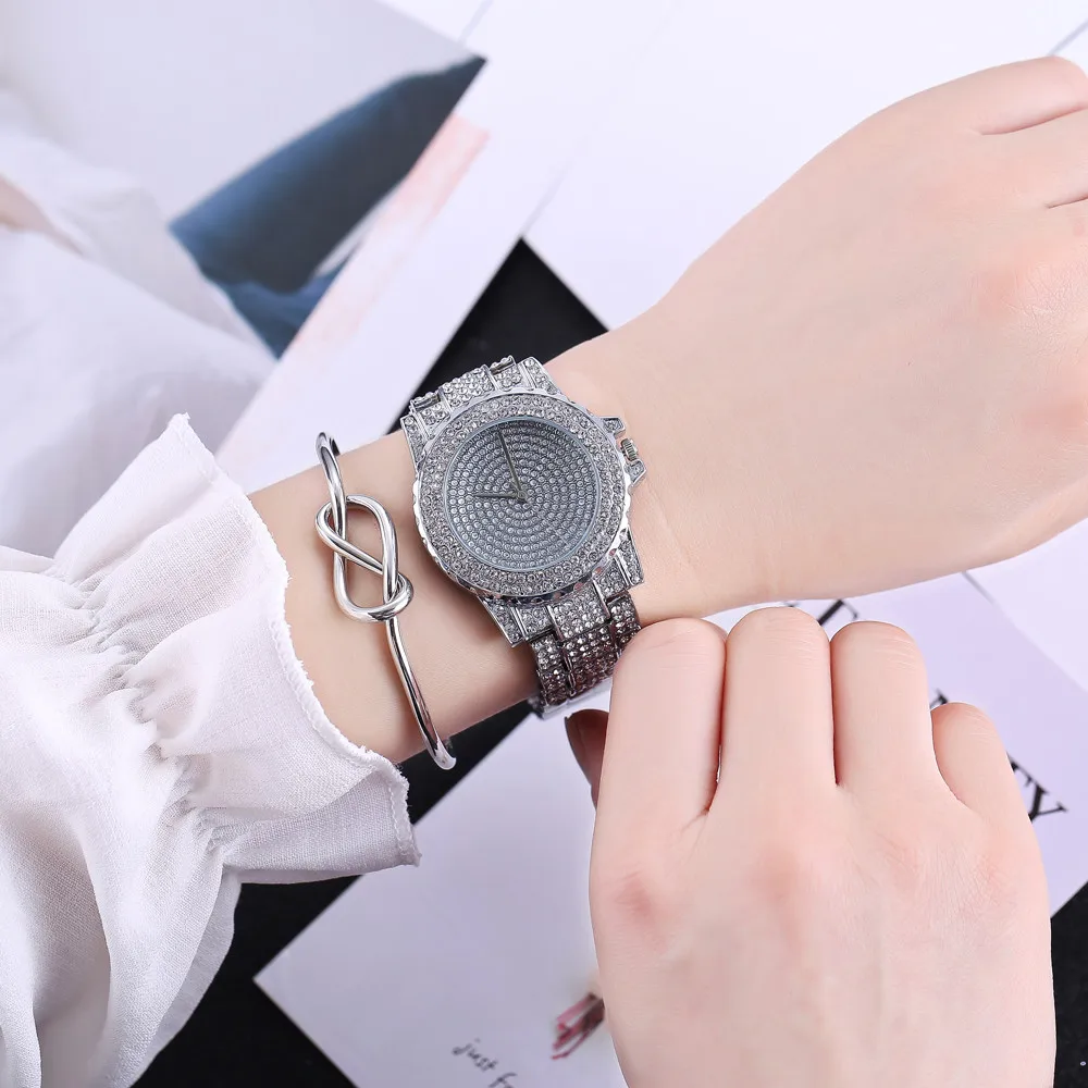 Часы женские роскошные бриллиантовые модные часы из нержавеющей стали аналоговые кварцевые круглые женские наручные часы браслет часы