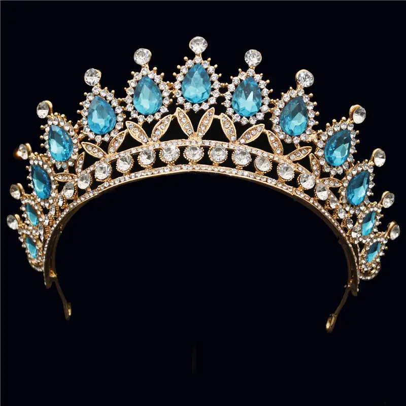 Барокко Винтаж Синий Кристалл невесты корона для женщин головной убор свадебные диадемы и короны свадебные украшения для волос аксессуары Корона Мода - Окраска металла: Gold Light blue