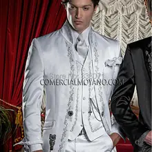 Новейшие смокинги для жениха из 3 предметов, белые атласные Вышитые мужские свадебные костюмы для выпускного вечера Длинный блейзер сделанный на заказ куртка+ брюки+ жилет