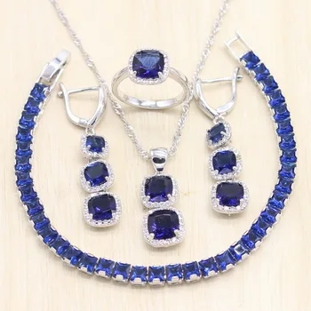 

Women Sliver Bridal Jewelry Sets Blue Black White Zirconia Bracelets Necklace Pendant Earrings Rings Wedding Set gift Box