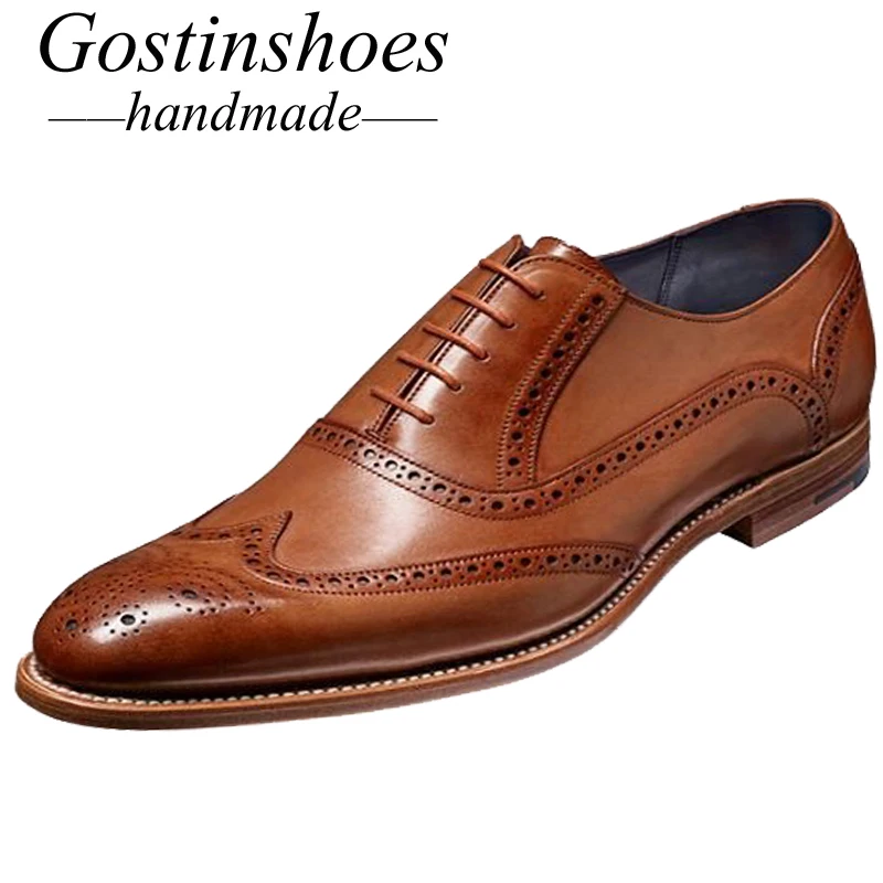 

GOSTINSHOES HANDMADE Genuine Brown Leather Oxford Brogue Wingtip Lace-Up Shoes Pointed Toe Leather Outsole Men Dress Shoe SCZ006