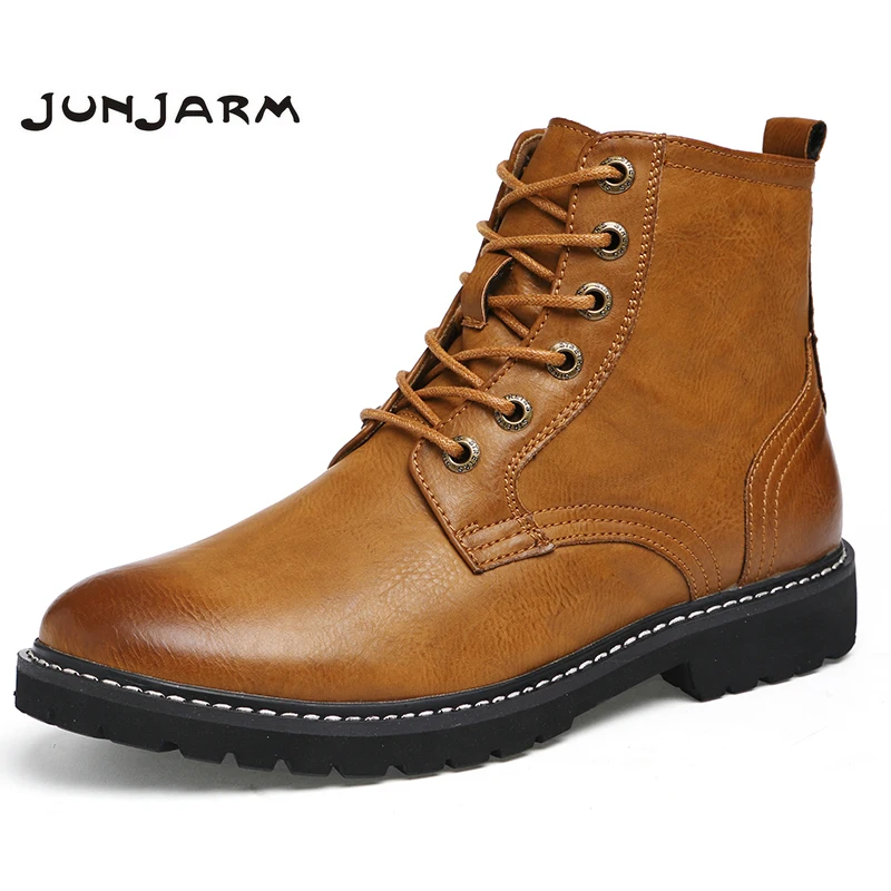 

JUNJARM 2019 Warm Men Boots Fashion Men Ankle Boots Lace Up Men Motorcycle Boots Plus Fur Men Winter Shoes Size 38-46