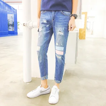 

Fashion Mid Hole Jeans for Men Pencil Pants Ankle-length Pahts Men Denim Jeans Spring Summer Jeans Homme Plus Size