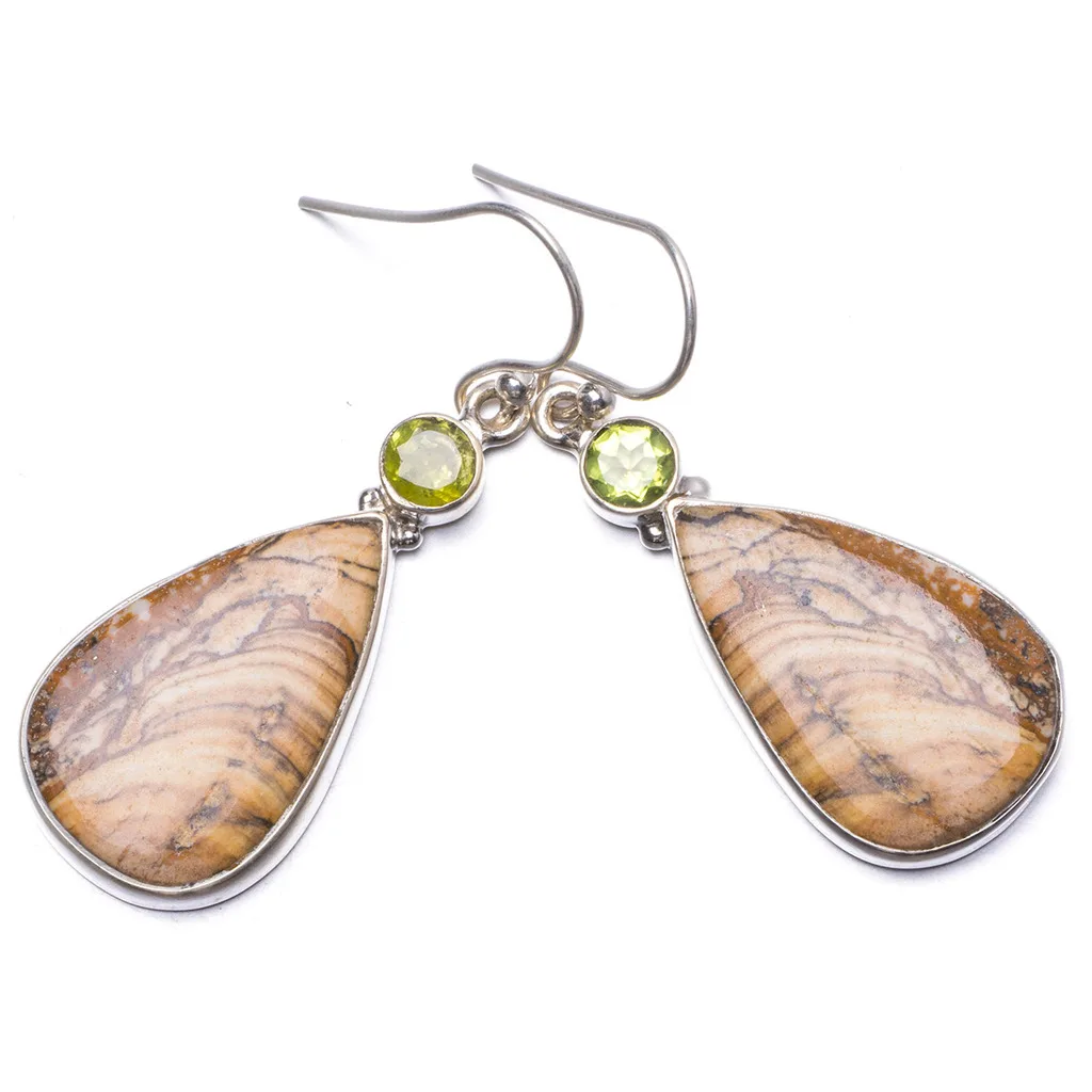 Natural Picture Jasper and Peridot Handmade Unique 925 Sterling Silver Earrings 1.75&quot Y1579 | Украшения и аксессуары