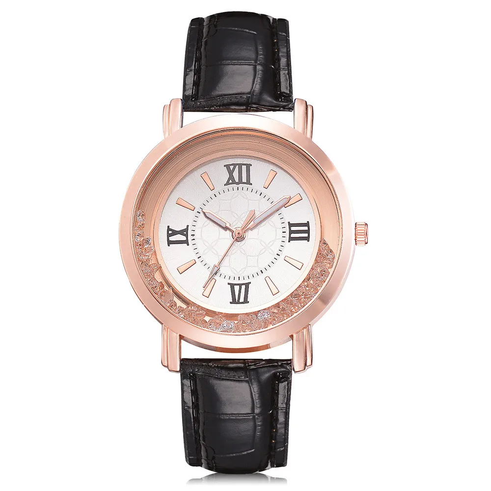 Новые женские часы кожаный браслет со стразами наручные часы женские Модные Часы Дамские аналоговые кварцевые relojes@ F - Цвет: Black