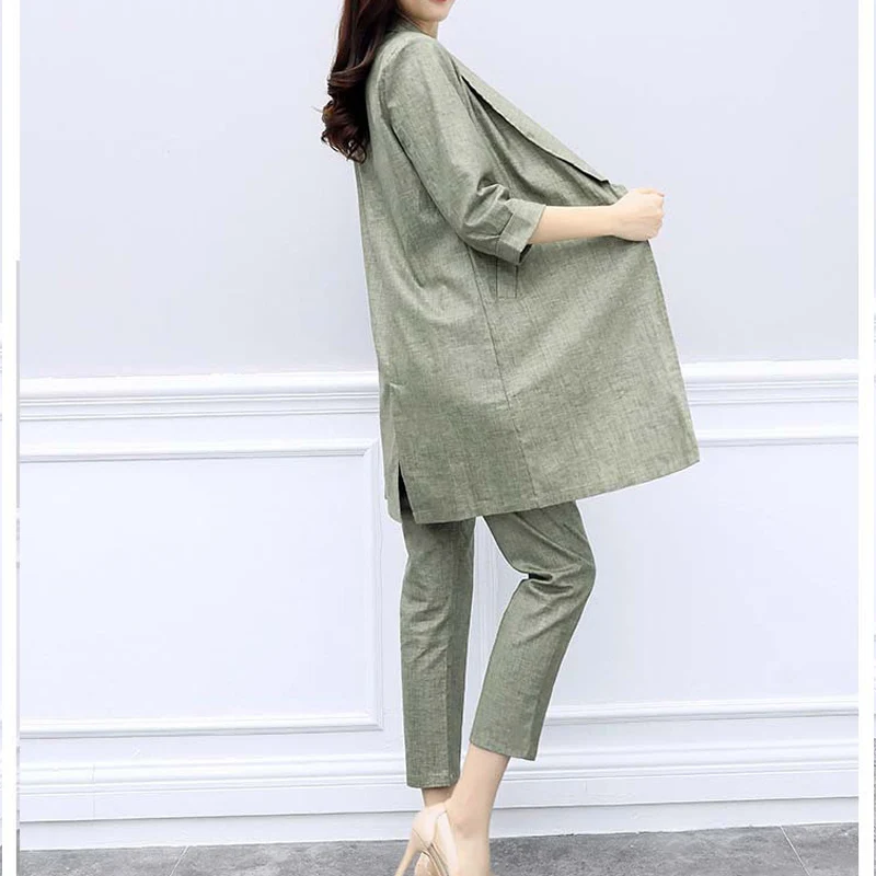 Ellacey Cotton Linen Blazer Pant Suits Women's 2019 Spring Fashion Two-piece Suit Office Ladies Elegant 2 Pieces Pants Suit