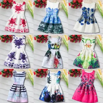 

New Girls Floral Dress Princess Sleeve-less Graffiti Dress Korean Girls Clothing For 4~12 Y