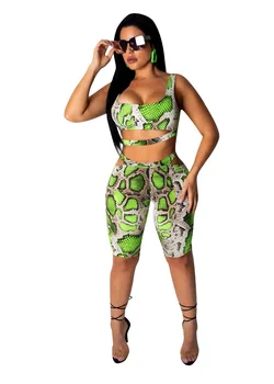 

New Women 2 Piece Outfits Sexy Snake Skin Pattern Strap Crop Tops and Knee Length Pants Tracksuit Clubwear Summer Style S-XXL