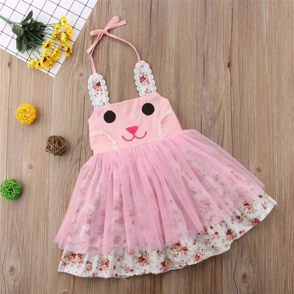 Newborn Infant Girls Dresses Easter Bunny Rabbit Ear Cartoon Princess Mesh Dress Tulle Tutu Party Princess Floral Dressed Outfit