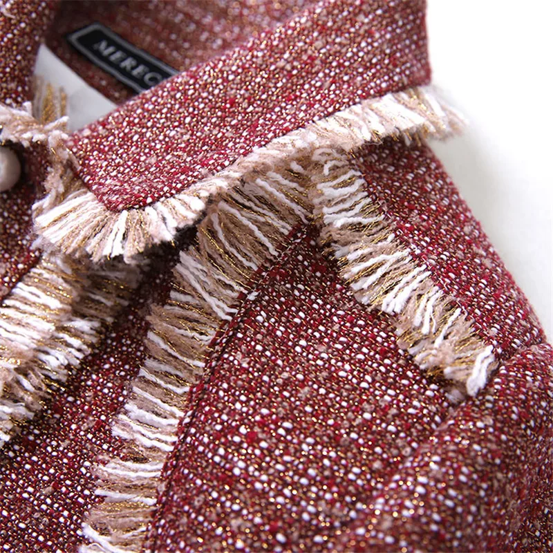 Tweed Perle Manteau Short Rouge Femmes Main Couleurs Mode Boutons De Blazer Contrast Costumes Luxe Gland Pour qq0wH68x