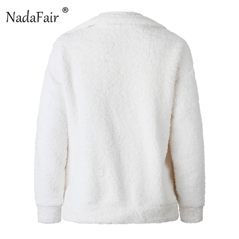 Nadafair, женское плюшевое пальто из искусственного меха, овечья шерсть, карман, Осеннее пушистое меховое пальто размера плюс, зимняя женская плюшевая куртка с отложным воротником