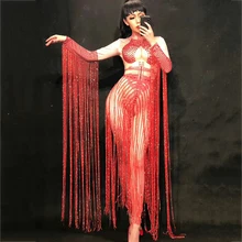 Женский костюм, красный, с кисточками, сексуальный комбинезон, стразы, боди, наряд певицы, танцовщицы, для ночного клуба, оленя, вечерние, бар, Ds, Dj, одежда DJ179