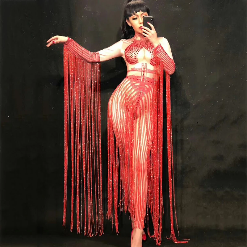 

Female Costume Red Tassel Sexy Jumpsuit Rhinestone Bodysuit Outfit Singer Dancer Nightclub Stag Party Bar Ds Dj Clothing DJ179