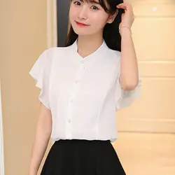 2018 корейский элегантный формальный офис белая рубашка для Для женщин блузки кнопки с рукавом-бабочкой шифоновая рубашка блуза Для женщин