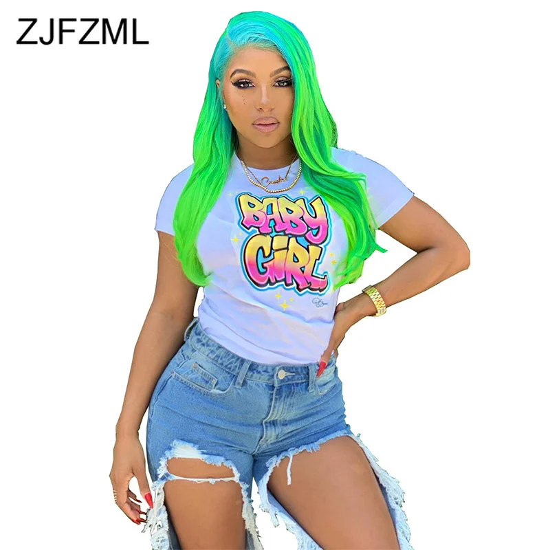

Gradient Letter Print Slim Fit T Shirt Women Round Neck Short Sleeve Plus Size Tops Streetwear White Female Club Party T-Shirts