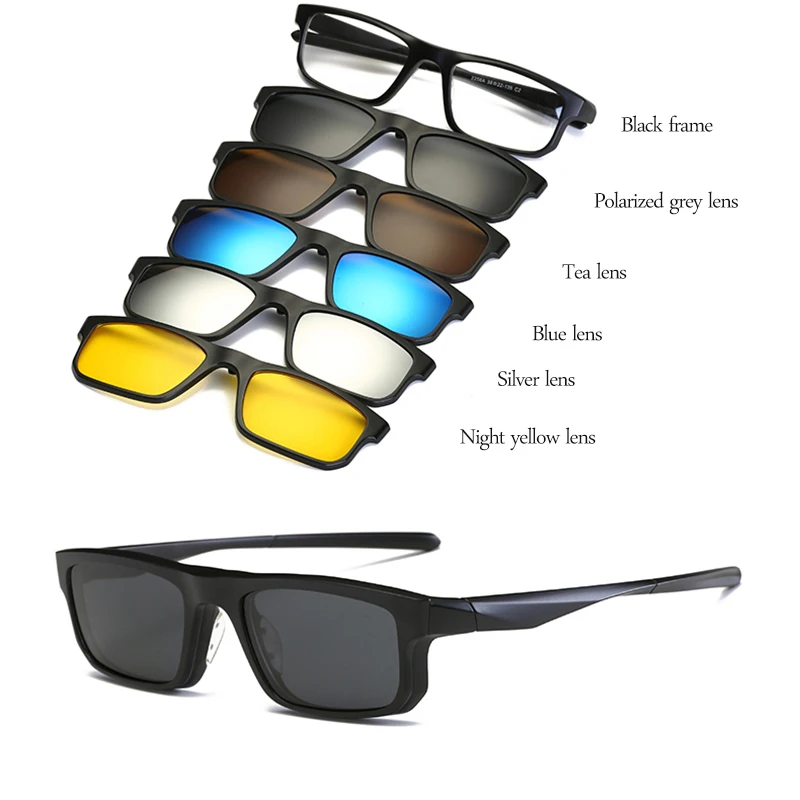 TOPSPORTS поляризационные мужские солнцезащитные очки с 5 линзами на клипсах, оправа для близорукости, очки с квадратными линзами, для вождения, магнитные, wo, для мужчин, по рецепту - Цвет: TS009