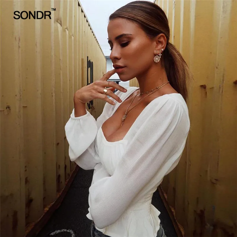 SONDR Ruffle Square Neck Long Sleeve Sexy White Woman Fashion 2019 Summer Vintage Shirts Female Boho Tops SONDR Ruffle Square Neck Long Sleeve Sexy White Woman Fashion 2019 Summer Vintage Shirts Female Boho Tops