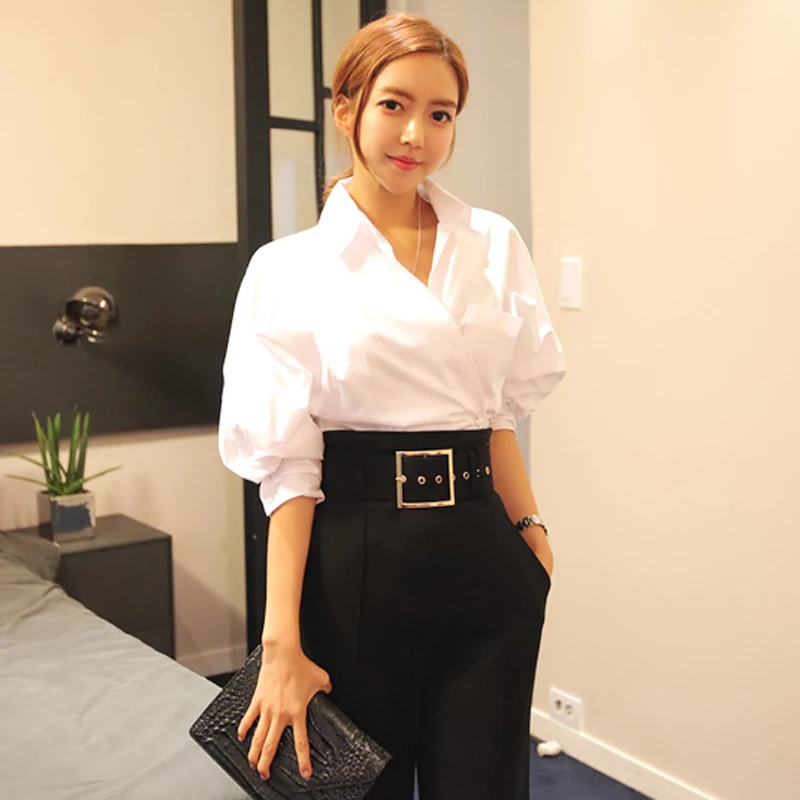  Korean Style Office Lady Women Shirt 2019 Spring White Slim Turn down Collar Blouse Solid Regular B