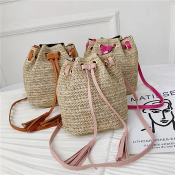 

Anderi Women Bucket String Beach Bags Bohemian straw braided tassel bucket shoulder diagonal female bag Handle Handbag Messenger