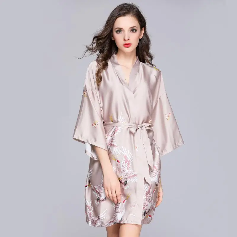 

Pink Chinese Women's Cotton Robe Sleepshirt Printed Flower Home Dress Sexy Nightgown Summer Casual Bath Gown One Size NR140