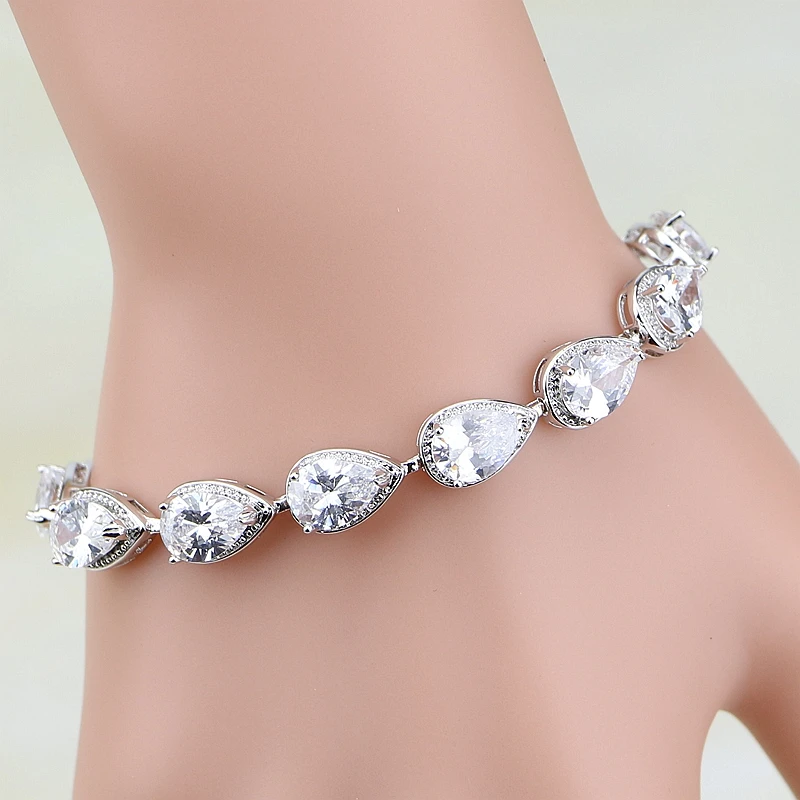 

Trendy White Cubic Zirconia 925 Sterling Silver Water Drop Link Chain Bracelet 7 inch For Women Free Shipping & Jewelry Bag S087