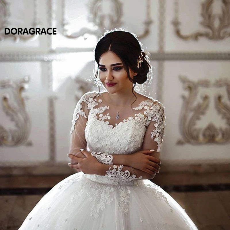 

Custom Made Romantic Boat Neck Applique Lace Long Sleeves Wedding Dresses Bridal Gowns vestido de noiva DG0038
