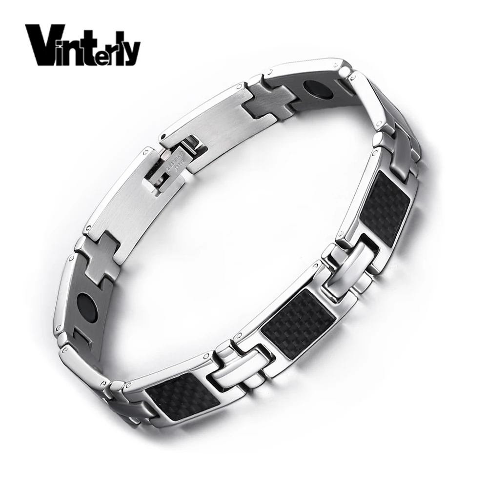 Vinterly черный браслет из углеволокна для мужчин нержавеющая сталь энергия наручные магнитные браслеты для мужчин крест цепи браслеты с голограммой