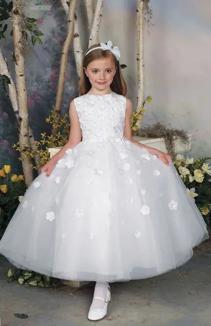 Cheap White Little Girls Summer Dresses Crew Neckline Hand Made Flowers Ankle Length White Tulle Little Flower Girls Dresses White