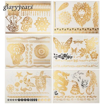 

6 Pieces Metallic Tattoo Temporary Sticker Women DIY Body Art Dragon Elephant Design Water Transfer Metallic Tattoo Fake Sticker