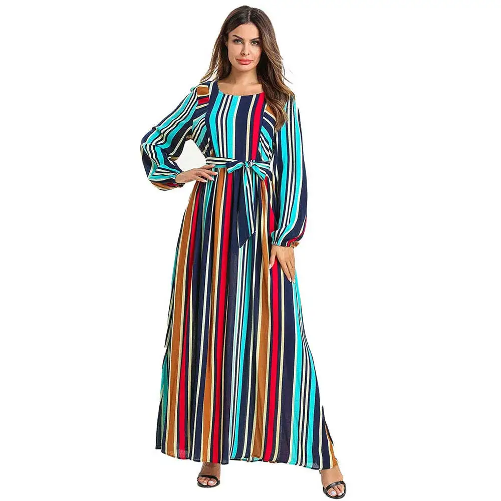 

2019 Women Spring Summer Lace Up Maxi Dress Plus Size Muslim Abaya Dubai Kaftan Arabic Islamic Oversized Robe Striped VKDR1517
