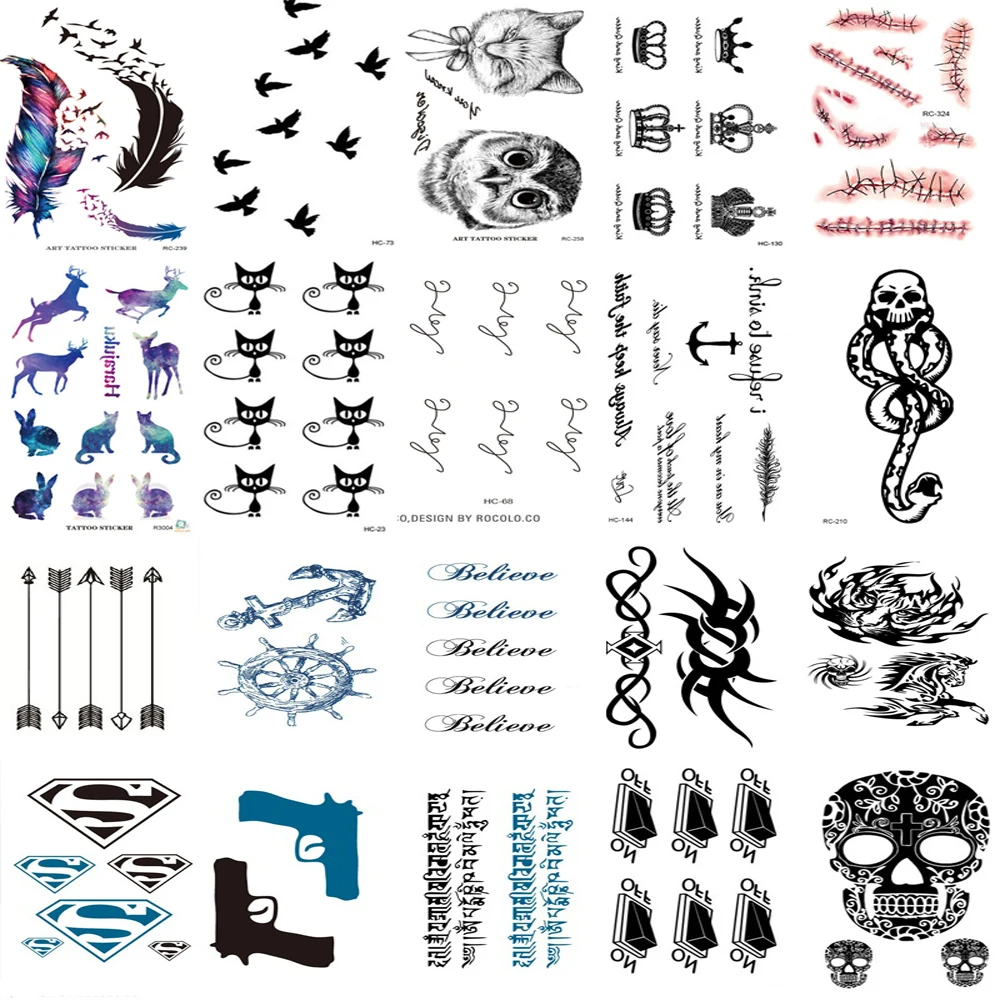20 шт 1 Набор Водонепроницаемый Поддельные Временные татуировки Harajuku черные слова якорь лист Дизайн Женщины Мужчины палец милый флэш-тату стикер
