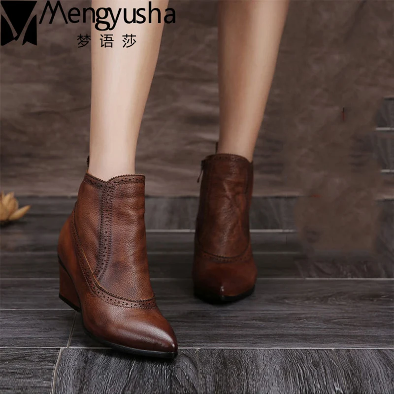 HOT SALE Shoes Women Retro Boots Handmade Ankle Boots High Heels Wedage Boots Genuine Leather ...